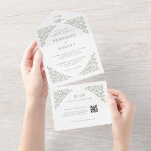 Invitation Tout En Un Simple Code QR Floral Délicat Vert Sauge Mariage