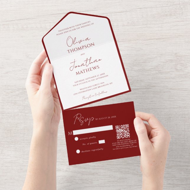 Invitation Tout En Un Simple Crimson Red Border Script QR Code Mariage (Déchirure)