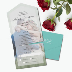 Invitation Tout En Un Simple Elegance Full Photo Light Mariage Turquoise