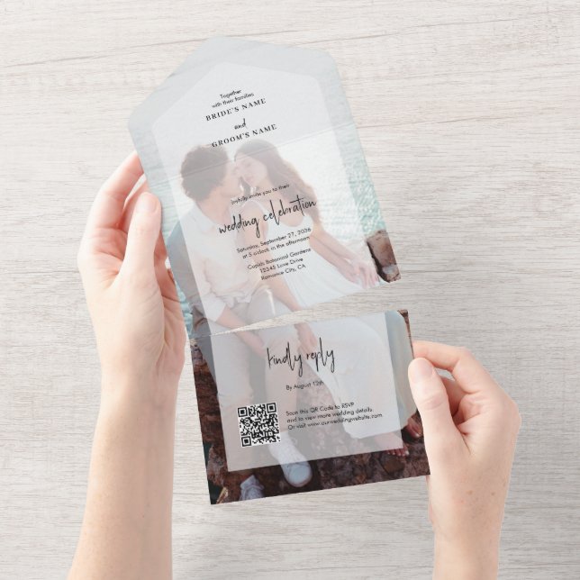 Invitation Tout En Un Simple Elegant 2 Photo Overlay Script Mariage (Déchirure)
