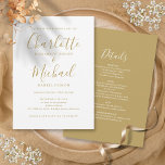 Invitation Tout en un simple élégant Mariage de script or<br><div class="desc">Doté de noms de style signature,  cet élégant faire-part de mariage doré et blanc peut être personnalisé avec toutes vos informations spéciales sur le jour de mariage au verso,  y compris votre RSVP,  l'hébergement et des détails supplémentaires. Conçu par Thisisnotme©</div>