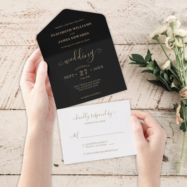 Invitation Tout En Un Simple Élégant Mariage Noir Or (Créateur téléchargé)