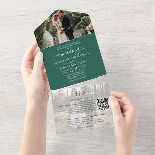 Invitation Tout En Un Simple Emeral Green 2 Photo QR Code RSVP Mariage