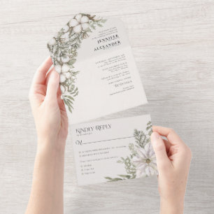 Invitation Tout En Un Simple hiver verdure crème ivoire Taupe Mariage