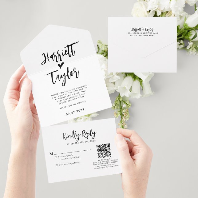Invitation Tout En Un Simple Lovely Heart Script Mariage QR Code Rsvp (Créateur téléchargé)