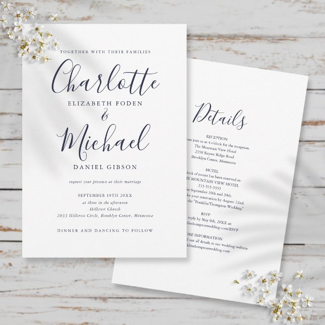 Invitation Tout En Un Simple Mariage Bleu Marine Script (Créateur téléchargé)
