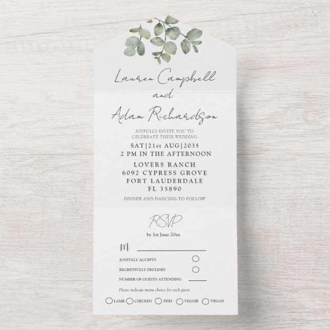 Invitation Tout En Un Simple Mariage Calligraphie Eucalyptus Vert Sauge  (À l'intérieur)