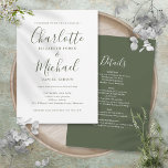 Invitation Tout en un simple Mariage de script vert olive<br><div class="desc">Doté de noms de style signature,  cet élégant faire-part de mariage vert olive peut être personnalisé avec toutes vos informations spéciales sur le jour de mariage au verso,  y compris votre RSVP,  l'hébergement et des détails supplémentaires. Conçu par Thisisnotme©</div>