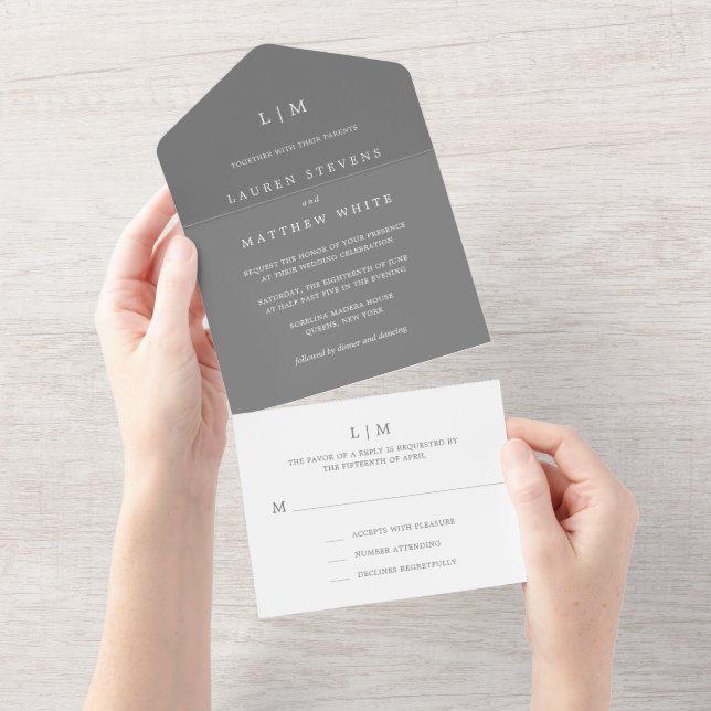 Invitation Tout En Un Simple Mariage Élégant Monogramme Gris Foncé (Déchirure)