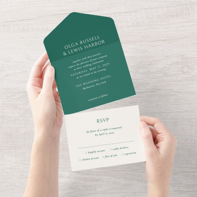 Invitation Tout En Un Simple Mariage Moderne Vert Émeraude (Déchirure)
