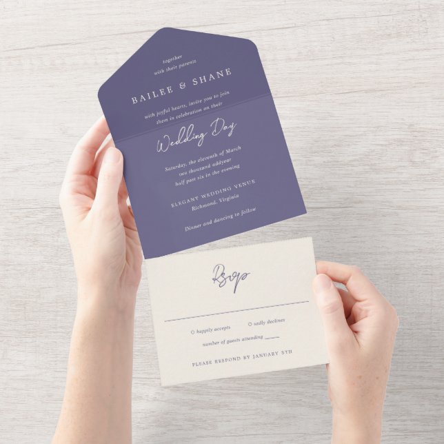 Invitation Tout En Un Simple Mariage Moderne Violet Poussiéreux (Déchirure)