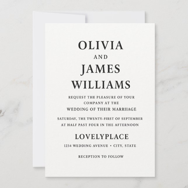Invitation Tout-en-un simple Mariage noir et blanc (Devant)