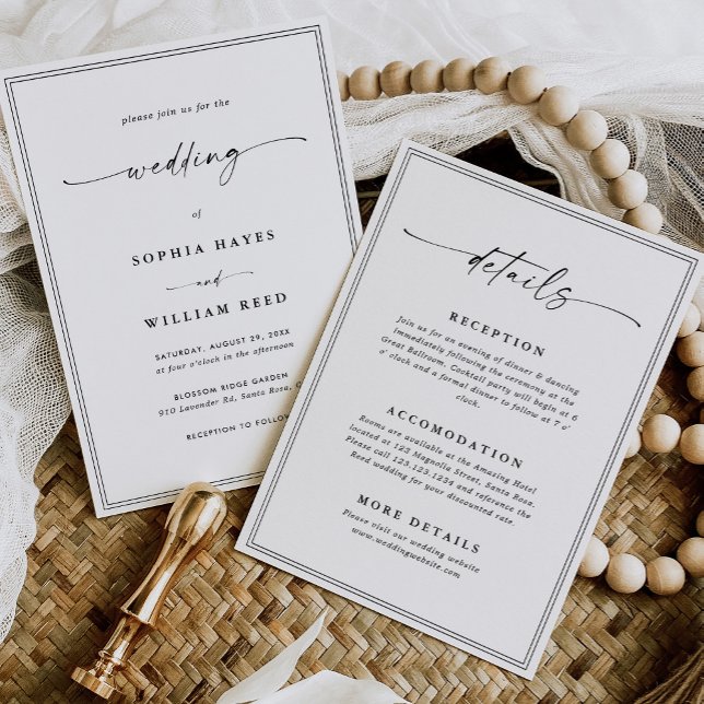 Invitation Tout-en-un simple Mariage noir et blanc classique (Créateur téléchargé)