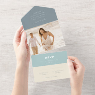Invitation Tout En Un Simple moderne verre de mer Dusty Blue Beach Maria