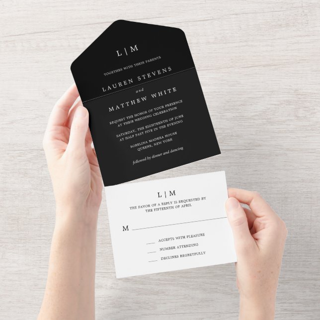 Invitation Tout En Un Simple Monogramme Noir Élégant de Mariage (Déchirure)