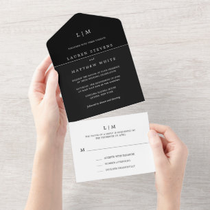 Invitation Tout En Un Simple Monogramme Noir Élégant de Mariage