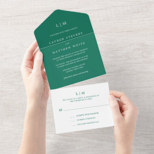 Invitation Tout En Un Simple Monogramme Vert Émeraude Élégant Mariage
