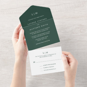 Invitation Tout En Un Simple Monogramme Vert Forêt Élégant Mariage