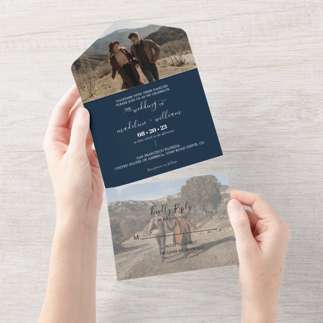 Invitation Tout En Un Simple Navy Blue Mariage photo tendance (Déchirure)