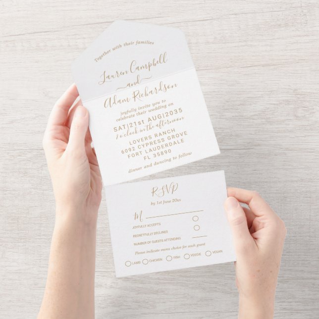 Invitation Tout En Un Simple Or & Blanc  Calligraphie Mariage (Déchirure)