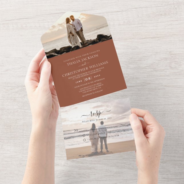 Invitation Tout En Un Simple Rustique Mariage Marron Clair 2 Photo RSVP (Déchirure)
