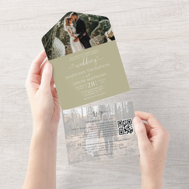 Invitation Tout En Un Simple Sage Green 2 Photo QR Code RSVP Mariage (Déchirure)