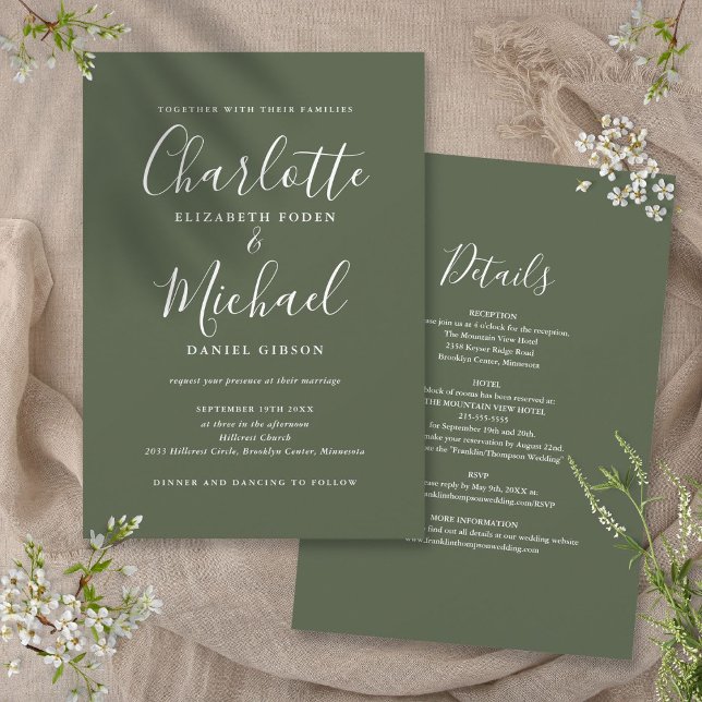 Invitation Tout en un simple script élégant Mariage d'olive (All In One Simple Elegant Script Olive Wedding Invitation)