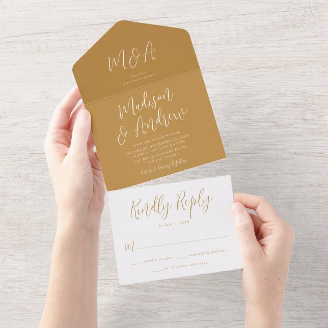 Invitation Tout En Un Simple Script Mariage Ocre (Déchirure)