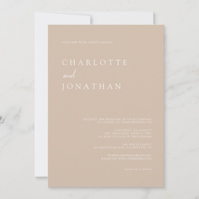 Invitation Tout en un simple script moderne Taupe Mariage ros (Devant)