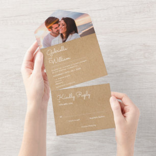Invitation Tout En Un Simple Script Rustique Kraft Monogramme Photo Mari