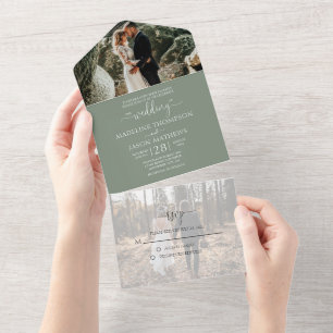 Invitation Tout En Un Simple Vert Sauge Floral 2 Photo RSVP Mariage