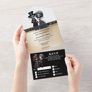Invitation Tout En Un Skeleton marié couple or noir élégant goth