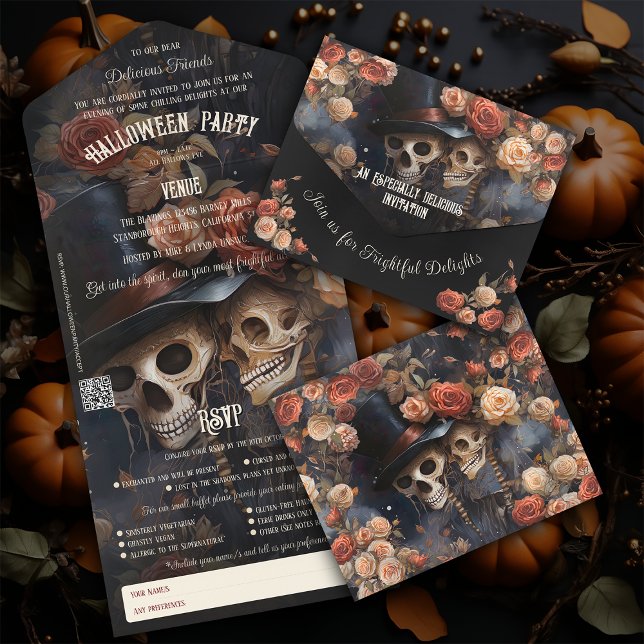 Invitation Tout En Un Skeletons de baiser floral Halloween adulte (Créateur téléchargé)