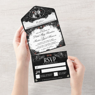 Invitation Tout En Un Skeletons mariage Black & Red Rose Élégant