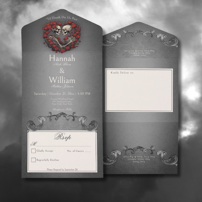 Invitation Tout En Un Skeletons sombres gothiques & Coeur Rose Pas de dî (Gothic Dark Skeletons & Rose Heart All In One Wedding Invitation without Dinner Options)