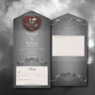 Invitation Tout En Un Skeletons sombres gothiques & Coeur Rose Pas de dî