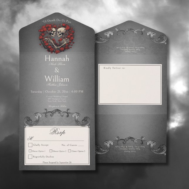 Invitation Tout En Un Skeletons sombres gothiques et dîner de coeur Rose (Gothic Dark Skeletons & Rose Heart All In One Wedding Invitation with Dinner Options)
