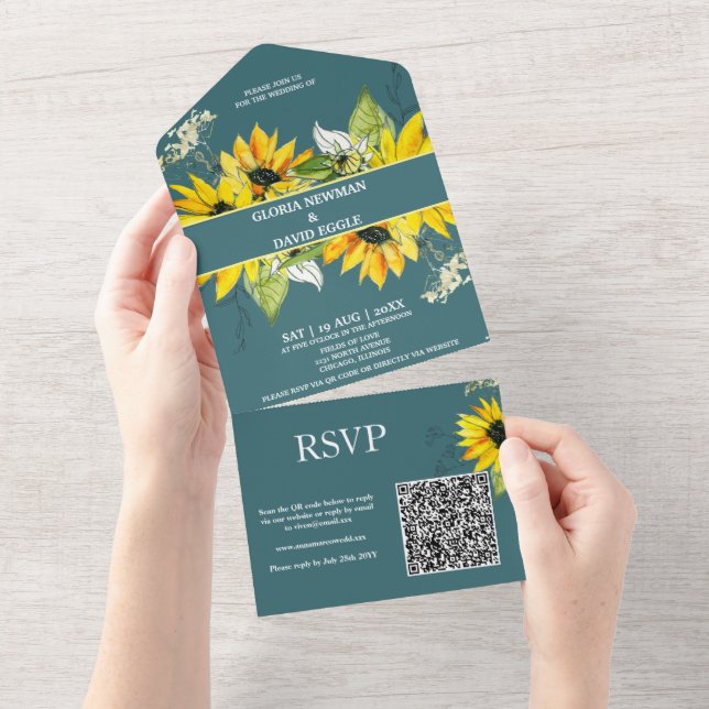 Invitation Tout En Un Smokey Green Sunflower Code QR (Déchirure)