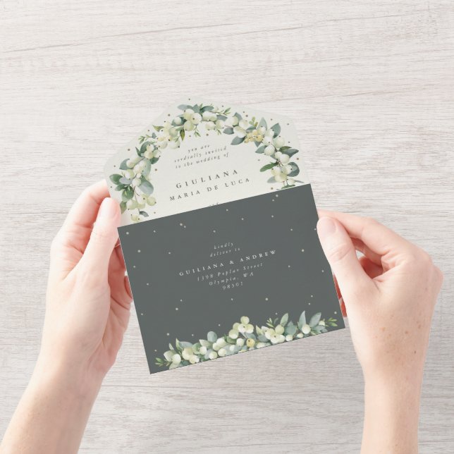 Invitation Tout En Un Snowberry vert/crème + Mariage Eucalyptus (Ouverture)