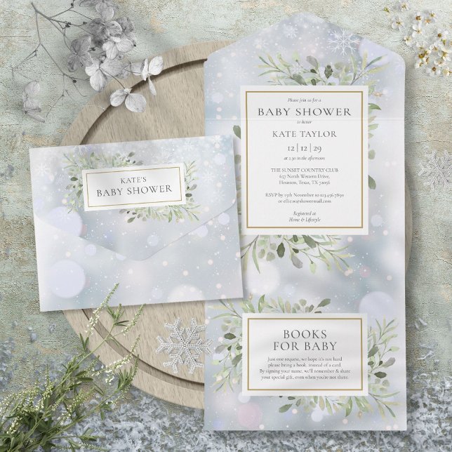 Invitation Tout En Un Snowflakes d'hiver Baby shower de feuillage vert (Winter Snowflakes Greenery Foliage Baby Shower All In One Invitation)