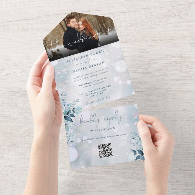 Invitation Tout En Un Snowflakes Floral QR Code Mariage Photo (Déchirure)