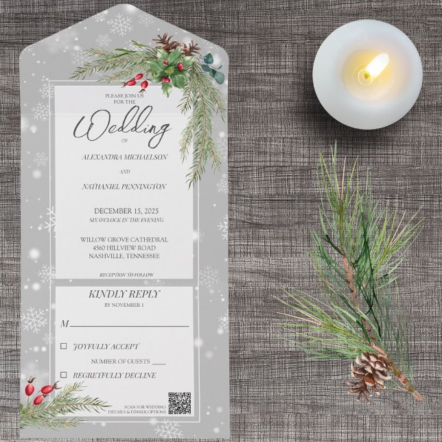 Invitation Tout En Un Snowflakes on Grey with Pine Branches Code QR (Créateur téléchargé)