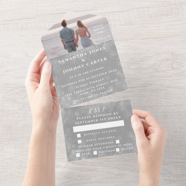 Invitation Tout En Un Snowflakes Snow Grey Winter Wonderland Mariage (Déchirure)