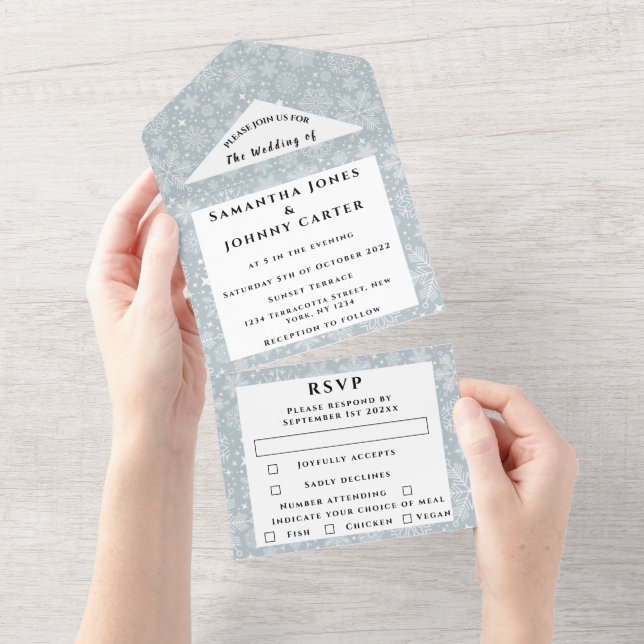 Invitation Tout En Un Snowflakes Snow Grey Winter Wonderland Mariage (Déchirure)