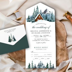 Invitation Tout En Un Snowy Winter Mountain Forest Cabine Lodge Mariage