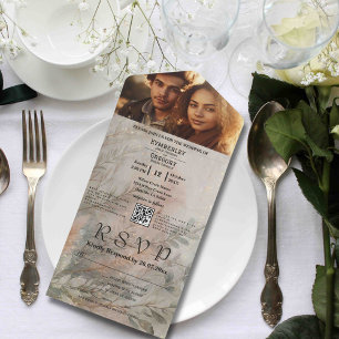 Invitation Tout En Un Soft Abstrait Botanical Grey Green Minimal QR Code