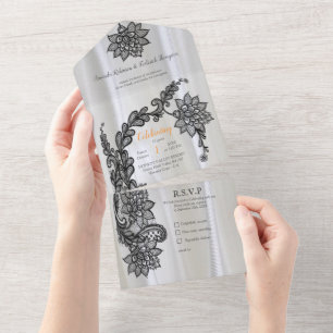 Invitation Tout En Un Soie blanche avec dentelle noire