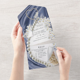 Invitation Tout En Un Soie bleue et perles tout en un mariage Inviter