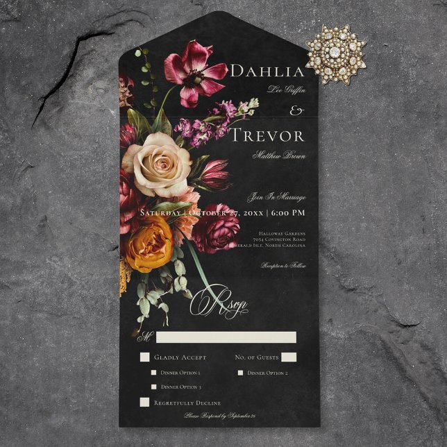 Invitation Tout En Un Sombre Élégant automne Floral Mariage Dîner (Dark Elegant Autumn Floral Wedding Dinner All In One Invitation)