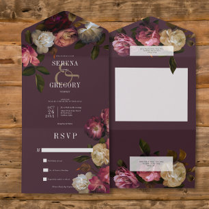 Invitation Tout En Un Sombre Moody Bourgogne Rose & Pignon Crème Pas de 